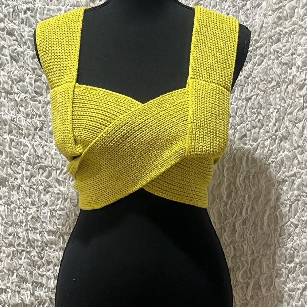 BEIGE BOTANY, GREEN WRAP Knit Cross-Front Crop Top, SIZE S/M